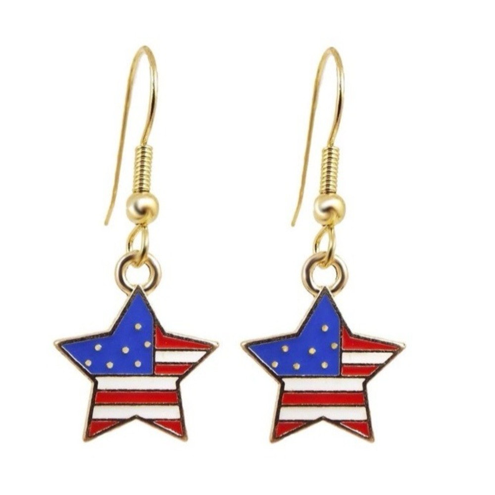 American Flag Star Earrings 4Th of July Patriotic Earring Gold Tone Hook NEW